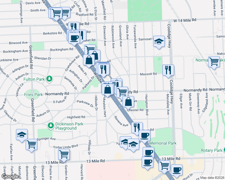 map of restaurants, bars, coffee shops, grocery stores, and more near 32000 Woodward Avenue in Royal Oak