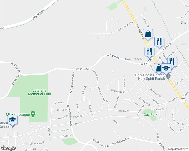 map of restaurants, bars, coffee shops, grocery stores, and more near 2955 Wildwood Drive in Dubuque