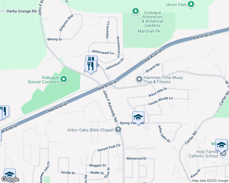 map of restaurants, bars, coffee shops, grocery stores, and more near 3172 West 32nd Street in Dubuque