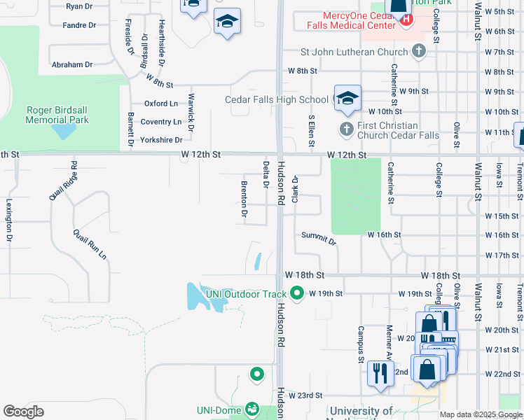 map of restaurants, bars, coffee shops, grocery stores, and more near 1405 Delta Drive in Cedar Falls