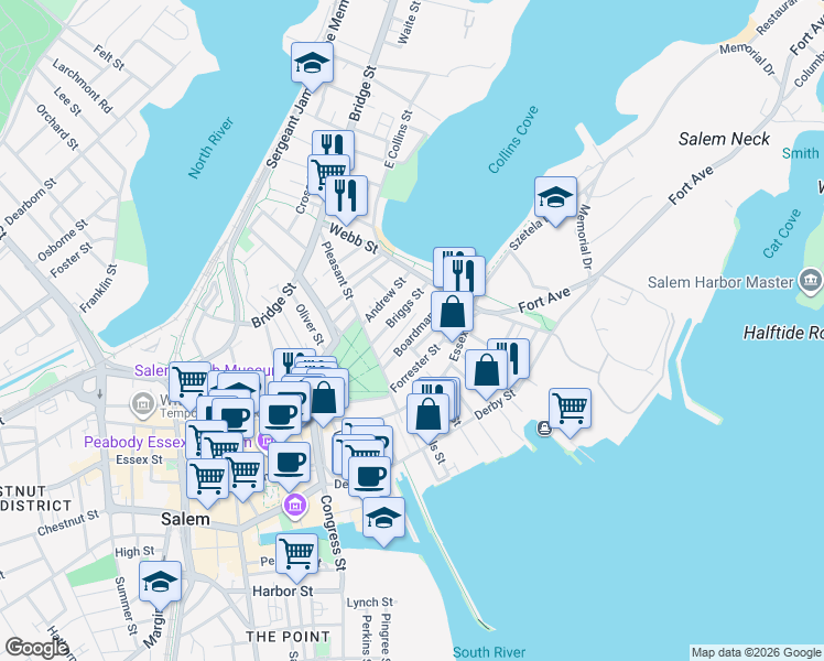 map of restaurants, bars, coffee shops, grocery stores, and more near 13 Boardman Street in Salem