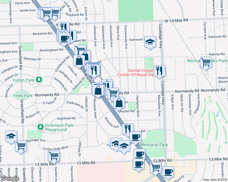 map of restaurants, bars, coffee shops, grocery stores, and more near 3812 Normandy Road in Royal Oak