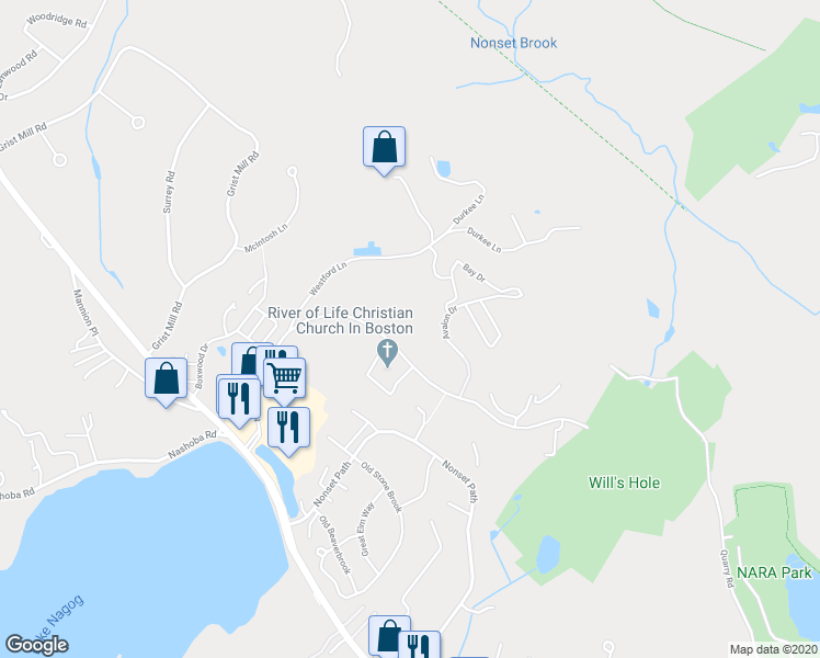 map of restaurants, bars, coffee shops, grocery stores, and more near 50 Nagog Park in Acton