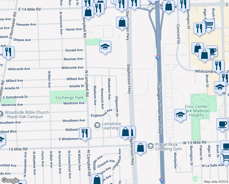 map of restaurants, bars, coffee shops, grocery stores, and more near 31556 Meadows Avenue in Madison Heights