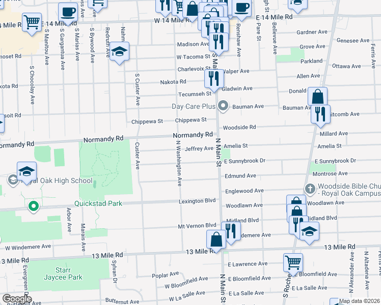 map of restaurants, bars, coffee shops, grocery stores, and more near 307 Jeffrey Avenue in Royal Oak