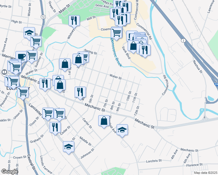 map of restaurants, bars, coffee shops, grocery stores, and more near 212 Spruce Street in Leominster