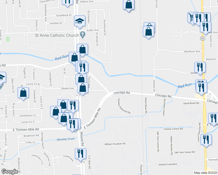 map of restaurants, bars, coffee shops, grocery stores, and more near 6201 Chicago Road in Warren