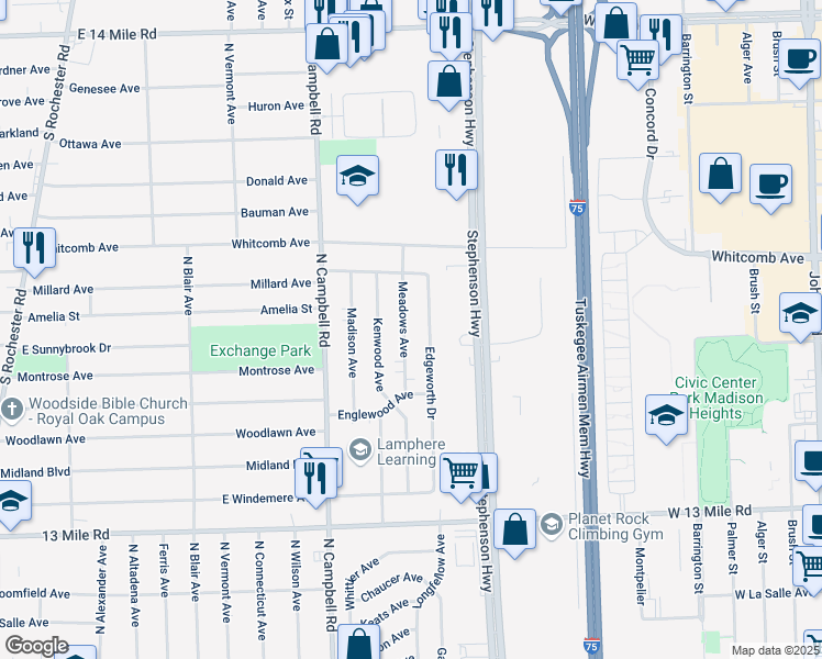 map of restaurants, bars, coffee shops, grocery stores, and more near 31556 Meadows Avenue in Madison Heights