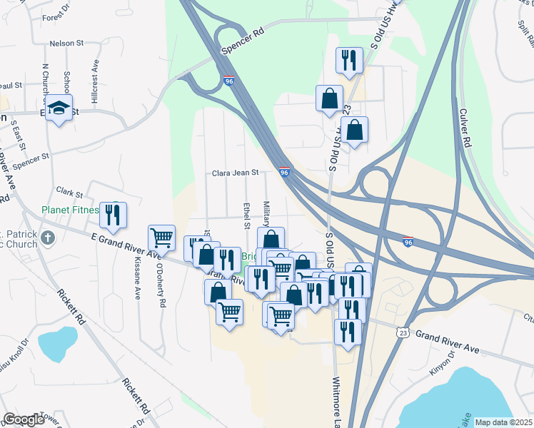 map of restaurants, bars, coffee shops, grocery stores, and more near 5398 Military Drive in Brighton