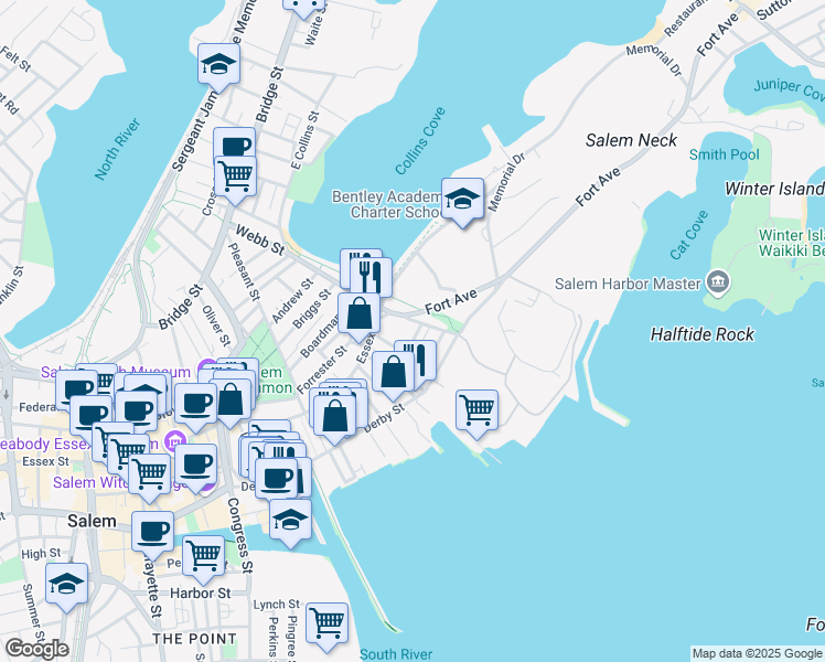 map of restaurants, bars, coffee shops, grocery stores, and more near 6 Cousins Street in Salem