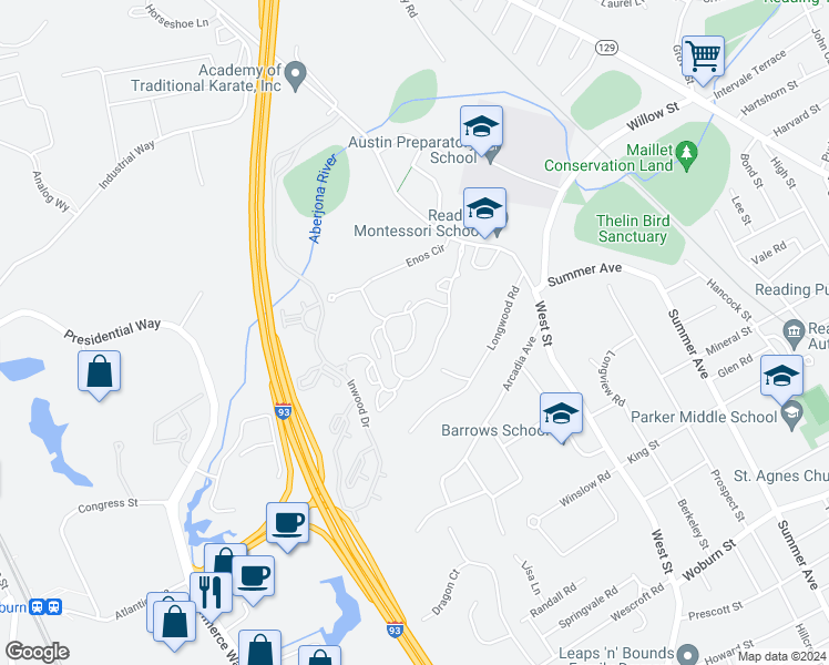 map of restaurants, bars, coffee shops, grocery stores, and more near 101 Longwood Road in Reading