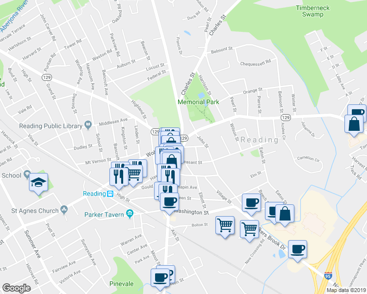 map of restaurants, bars, coffee shops, grocery stores, and more near 8 Union Street in Reading