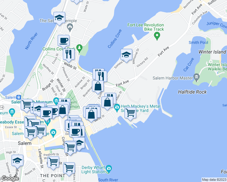 map of restaurants, bars, coffee shops, grocery stores, and more near 5 Cousins Street in Salem