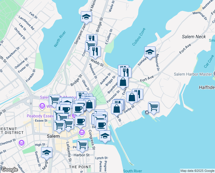 map of restaurants, bars, coffee shops, grocery stores, and more near 13 Boardman Street in Salem