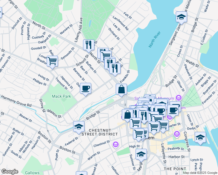 map of restaurants, bars, coffee shops, grocery stores, and more near 1 Mason Street in Salem