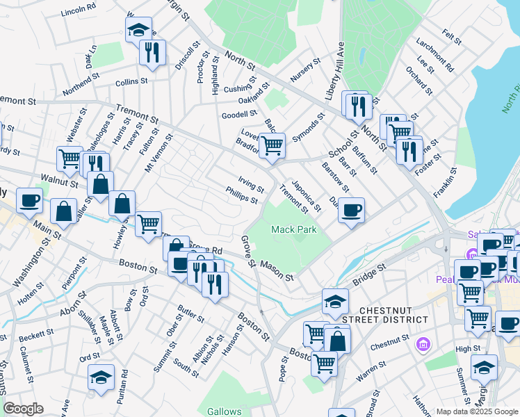 map of restaurants, bars, coffee shops, grocery stores, and more near 7 Phillips Street in Salem