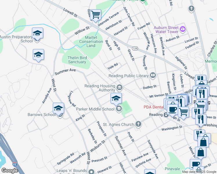 map of restaurants, bars, coffee shops, grocery stores, and more near 22 Hancock Street in Reading