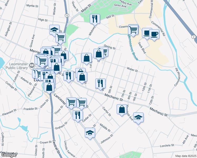 map of restaurants, bars, coffee shops, grocery stores, and more near 157 3rd Street in Leominster
