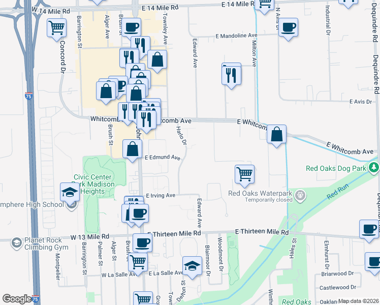 map of restaurants, bars, coffee shops, grocery stores, and more near 31600 Harlo Drive in Madison Heights
