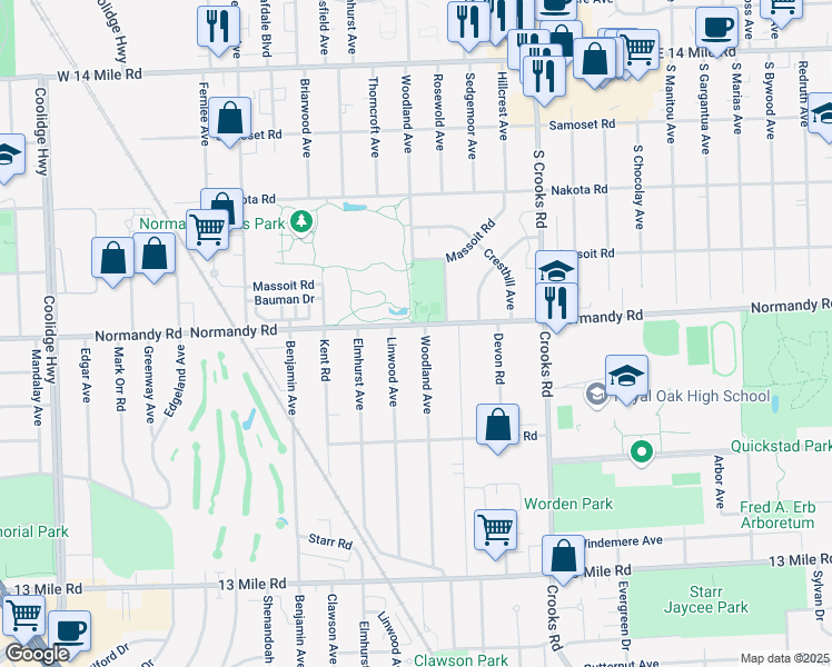 map of restaurants, bars, coffee shops, grocery stores, and more near 4118 Linwood Avenue in Royal Oak
