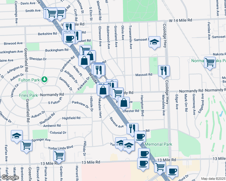 map of restaurants, bars, coffee shops, grocery stores, and more near 3812 Normandy Road in Royal Oak