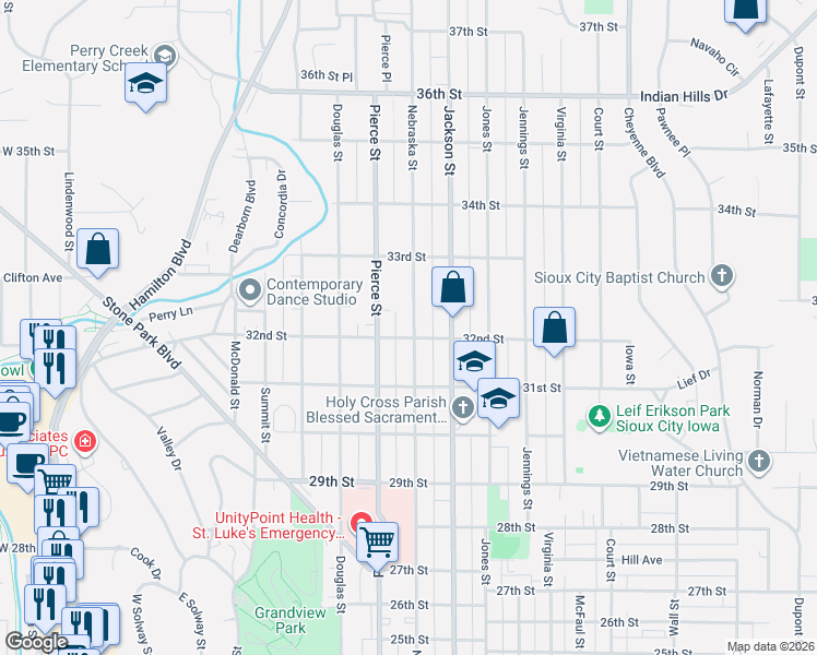 map of restaurants, bars, coffee shops, grocery stores, and more near 3200 Nebraska Street in Sioux City