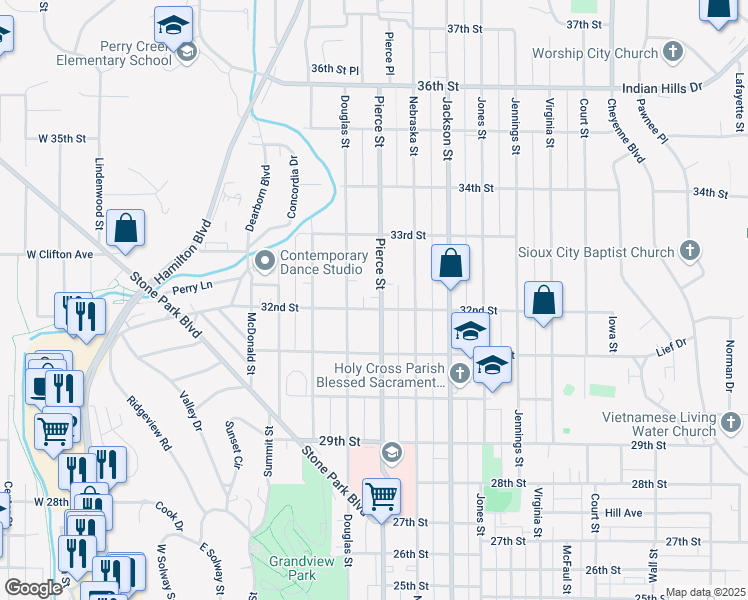 map of restaurants, bars, coffee shops, grocery stores, and more near 3207 Pierce Street in Sioux City