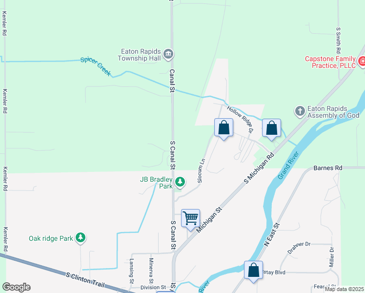 map of restaurants, bars, coffee shops, grocery stores, and more near 2905 South Canal Street in Eaton Rapids