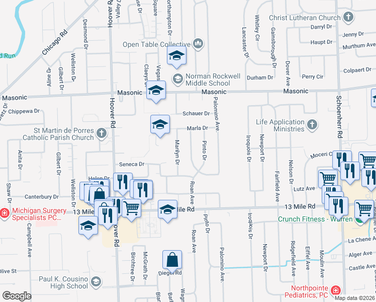 map of restaurants, bars, coffee shops, grocery stores, and more near 31432 Roan Drive in Warren