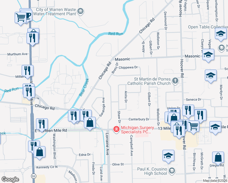 map of restaurants, bars, coffee shops, grocery stores, and more near 31458 Bretz Drive in Warren