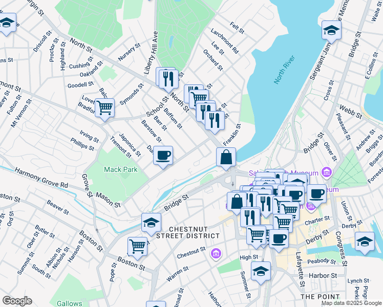 map of restaurants, bars, coffee shops, grocery stores, and more near 23 Mason Street in Salem