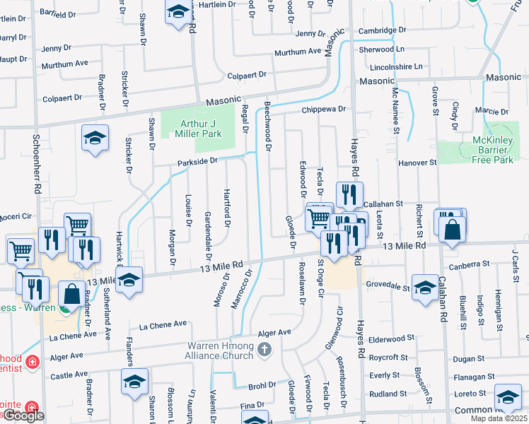 map of restaurants, bars, coffee shops, grocery stores, and more near 31266 Beechwood Drive in Warren