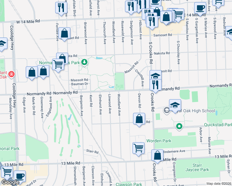 map of restaurants, bars, coffee shops, grocery stores, and more near 4118 Linwood Avenue in Royal Oak