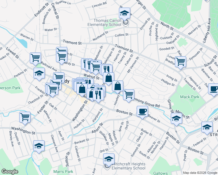 map of restaurants, bars, coffee shops, grocery stores, and more near 77 Walnut Street in Peabody