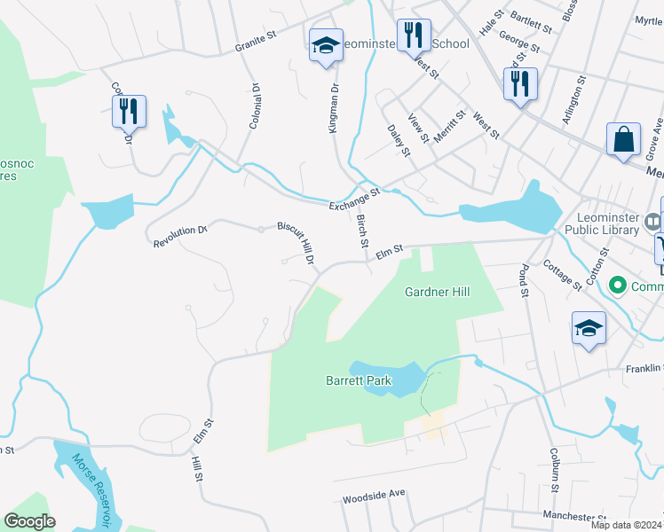 map of restaurants, bars, coffee shops, grocery stores, and more near 200 Elm Street in Leominster