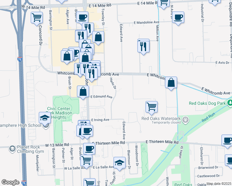 map of restaurants, bars, coffee shops, grocery stores, and more near 31600 Harlo Drive in Madison Heights