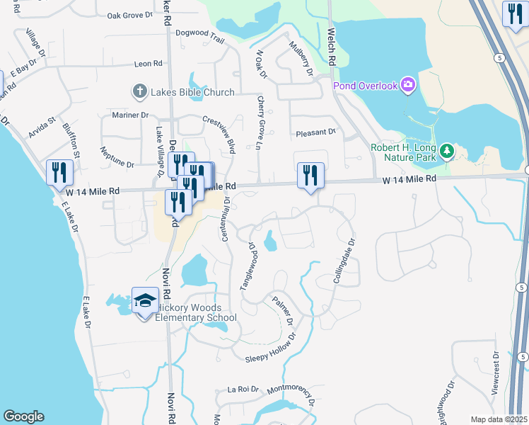 map of restaurants, bars, coffee shops, grocery stores, and more near 31147 Rolling Grove Drive in Novi