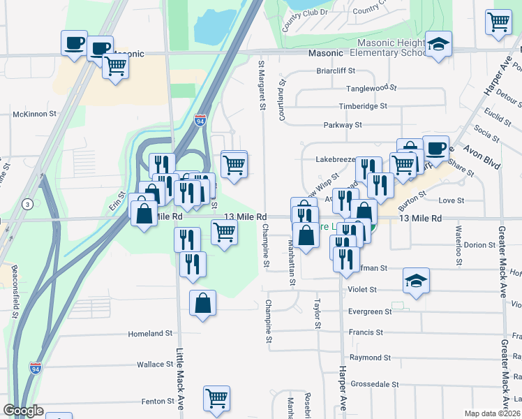 map of restaurants, bars, coffee shops, grocery stores, and more near 21001 East Thirteen Mile Road in St. Clair Shores