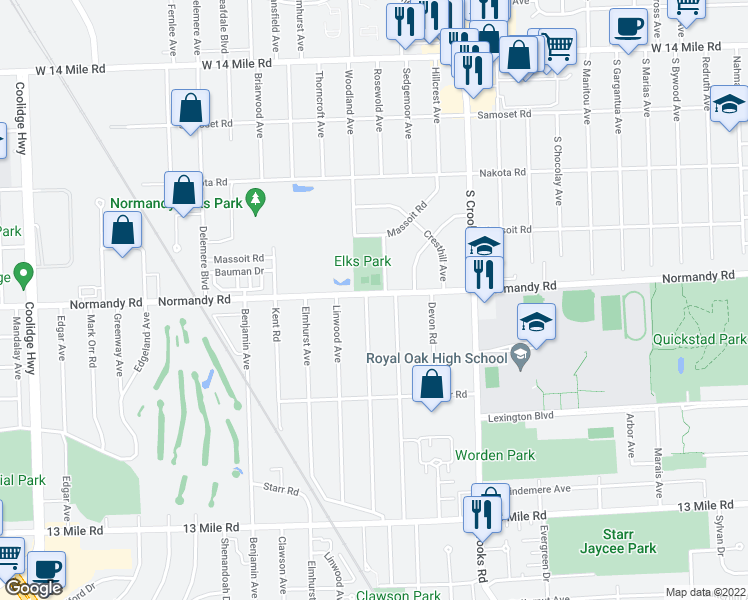 map of restaurants, bars, coffee shops, grocery stores, and more near 4126 Woodland Avenue in Royal Oak