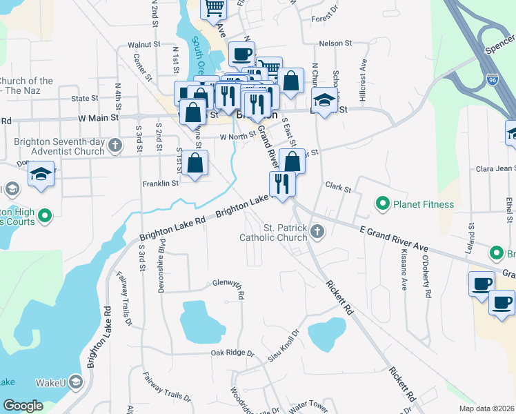 map of restaurants, bars, coffee shops, grocery stores, and more near 123 Brighton Lake Rd in Brighton