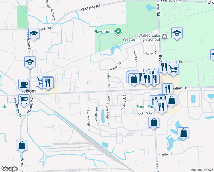 map of restaurants, bars, coffee shops, grocery stores, and more near 48200 West Pontiac Trail in Wixom