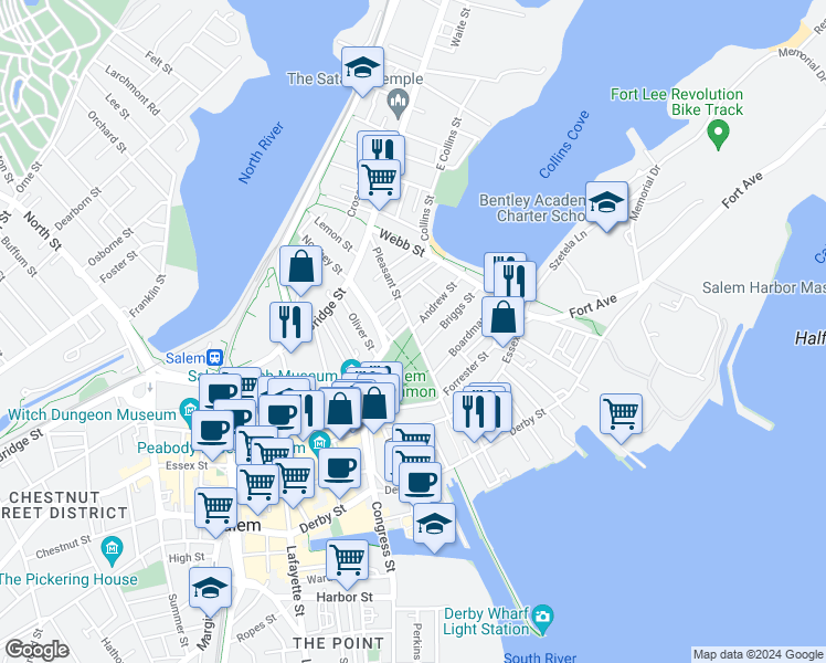 map of restaurants, bars, coffee shops, grocery stores, and more near 94 Washington Square East in Salem