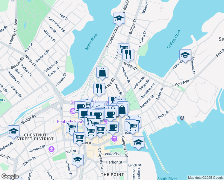 map of restaurants, bars, coffee shops, grocery stores, and more near 18 Williams Street in Salem