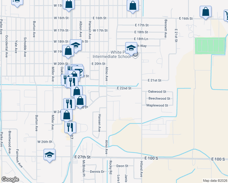 map of restaurants, bars, coffee shops, grocery stores, and more near 733 East 22nd Street in Burley