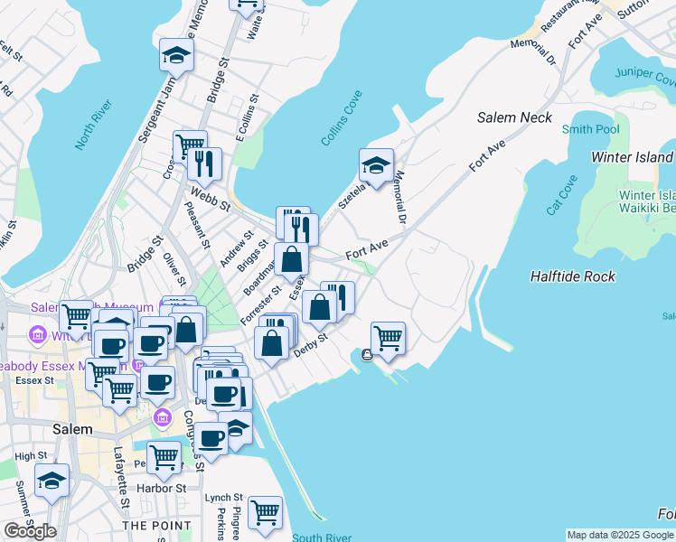 map of restaurants, bars, coffee shops, grocery stores, and more near 5 Cousins Street in Salem