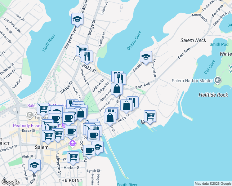 map of restaurants, bars, coffee shops, grocery stores, and more near 41 Forrester Street in Salem