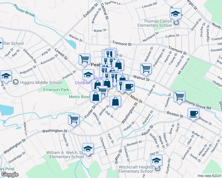 map of restaurants, bars, coffee shops, grocery stores, and more near 22 Foster Street in Peabody
