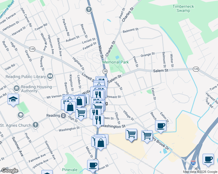 map of restaurants, bars, coffee shops, grocery stores, and more near 15 Union Street in Reading
