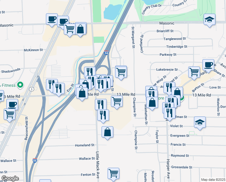 map of restaurants, bars, coffee shops, grocery stores, and more near in Roseville