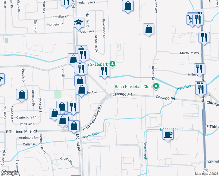 map of restaurants, bars, coffee shops, grocery stores, and more near 6201 Chicago Road in Warren